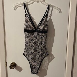 Victoria's Secret Black and White Lace Bodysuit w Spider details